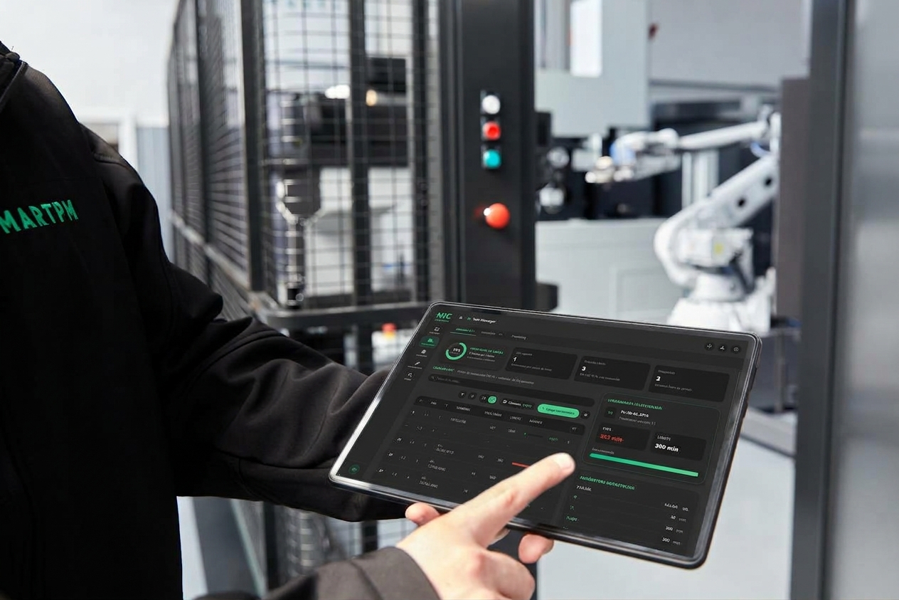 Técnico de SMARTPM usando MIC Defence en una tablet junto a una célula robotizada